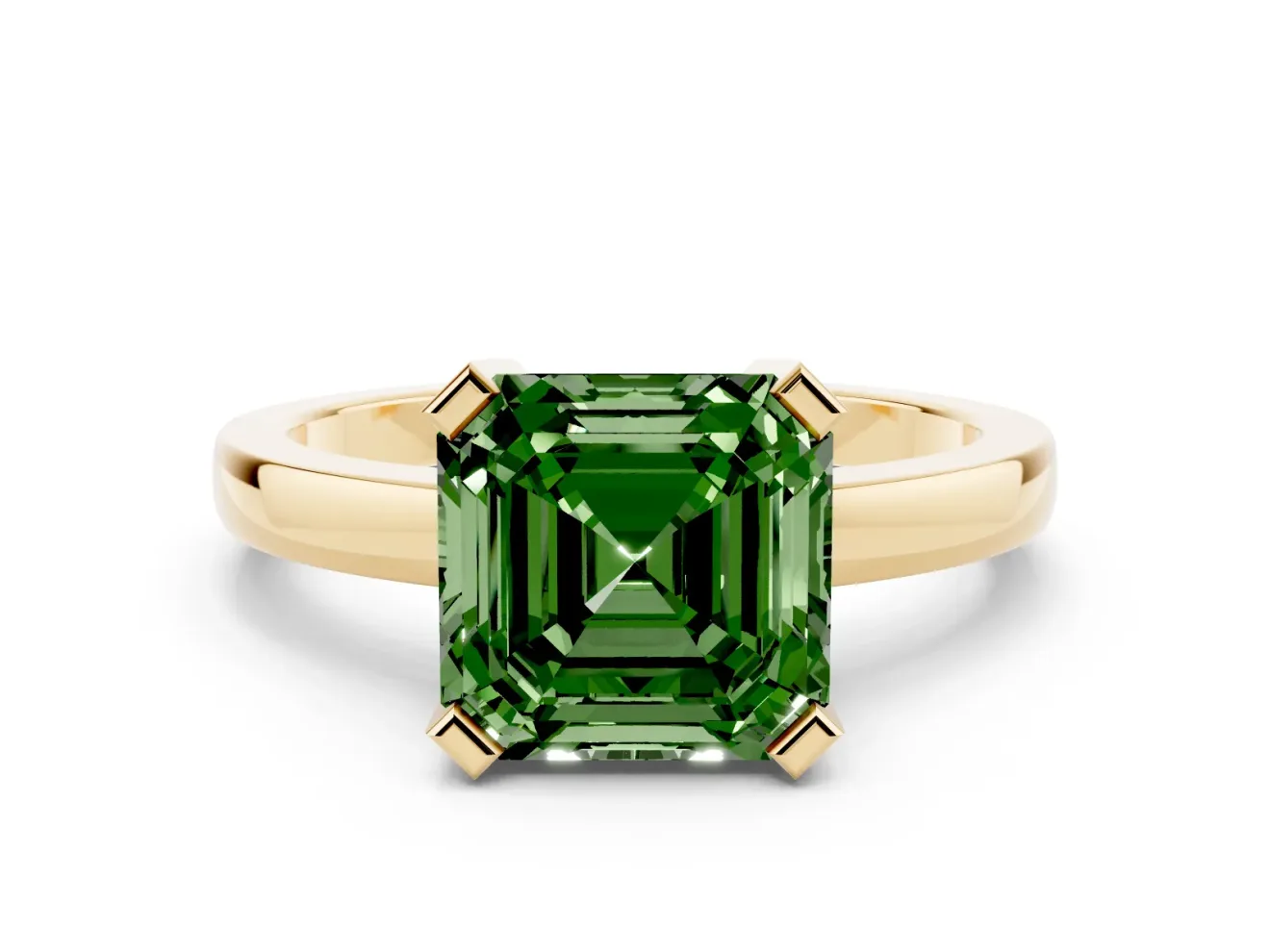 Fancy Green Asscher Cut Diamond Solitaire Ring Set in Yellow gold with Prong Head and Smooth Polished Band