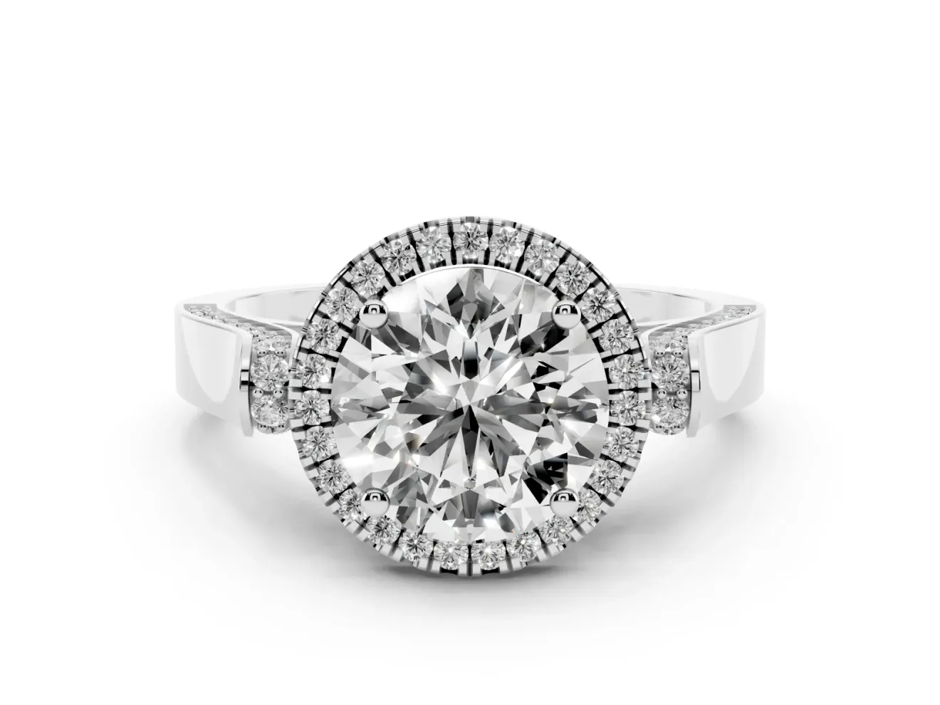 Round Halo Engagement Ring Setting | Pavé Panel Shoulders | Sterling Silver