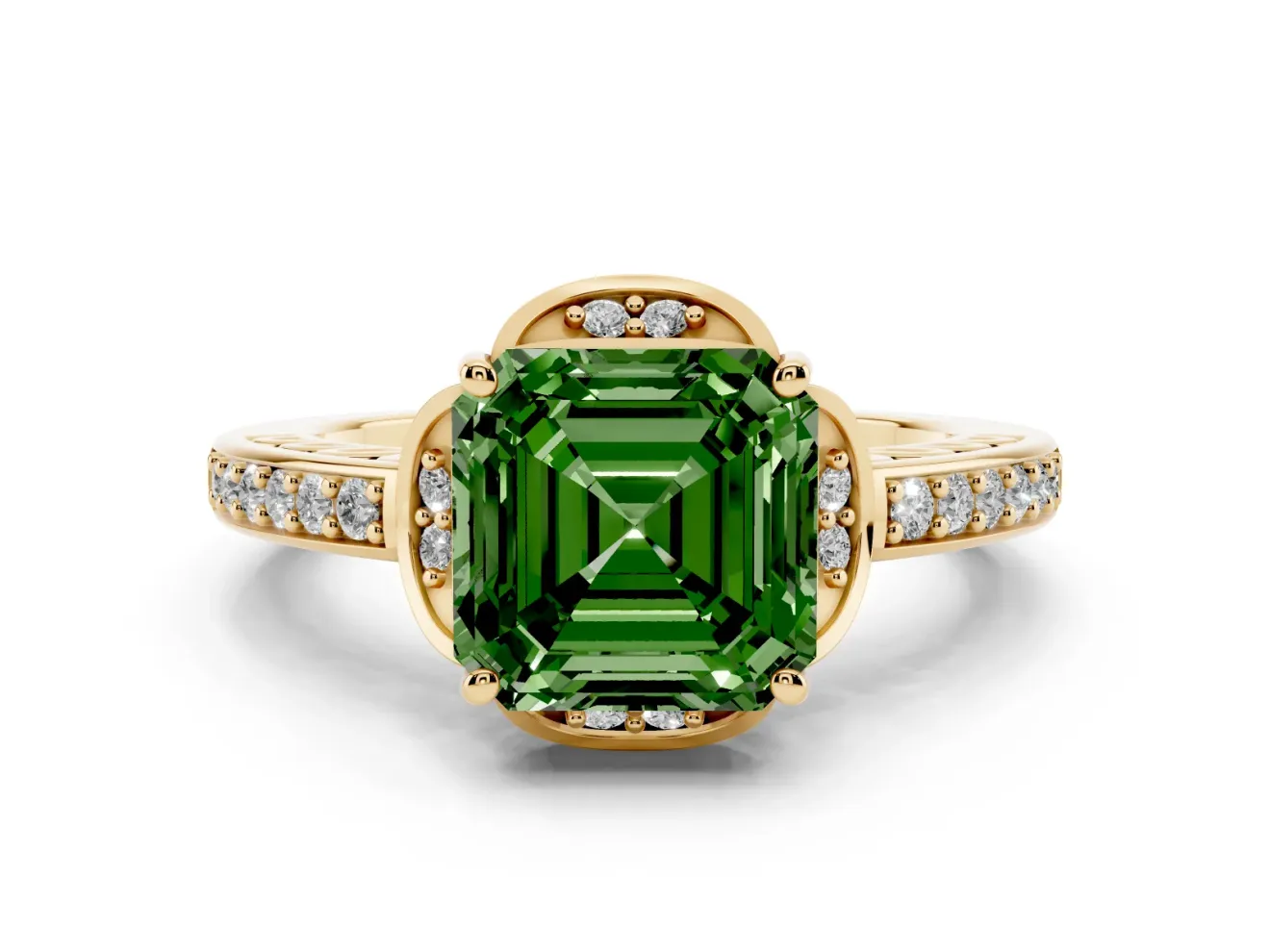 Asscher Cut Floral Pavé Engagement Ring Setting for a Fancy Green Lab-Grown Diamond | Yellow Gold