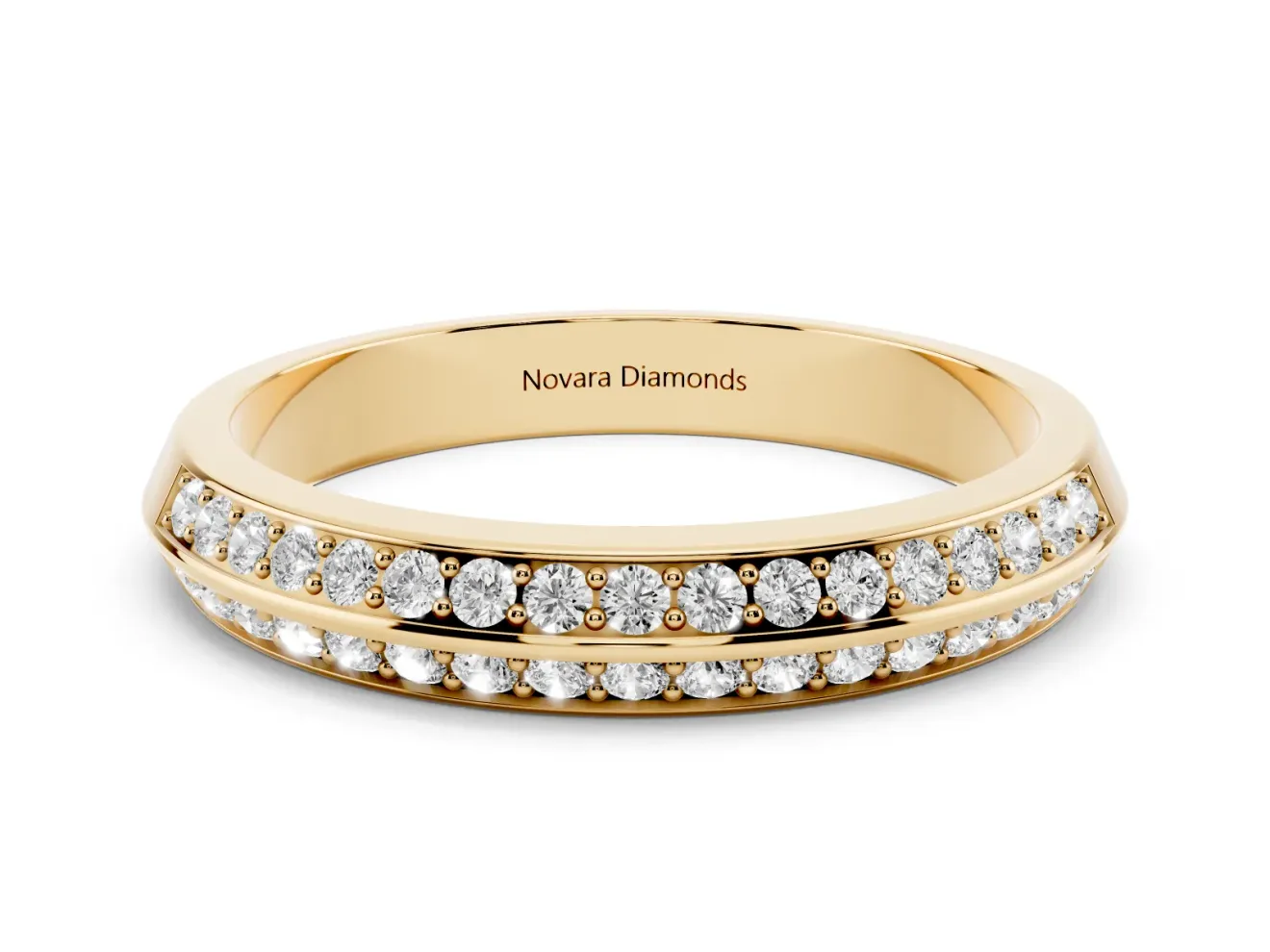 Round Lab-Grown Diamond Double Row Pavé Knife Edge Wedding Band | Raised Divider | Yellow Gold