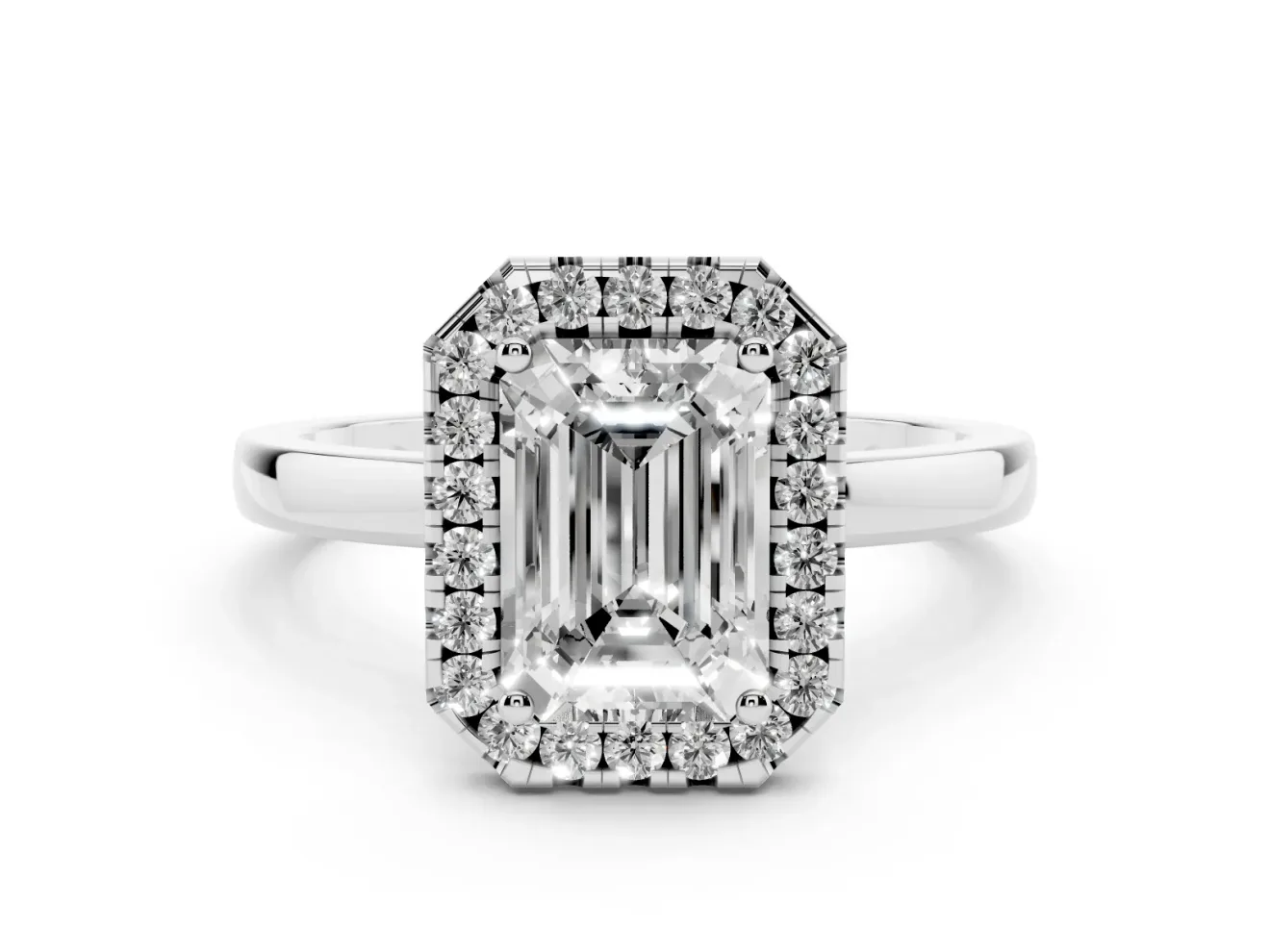 Emerald Cut Diamond Halo Solitaire Ring Set in Silver with Pavé Band and Prong Setting