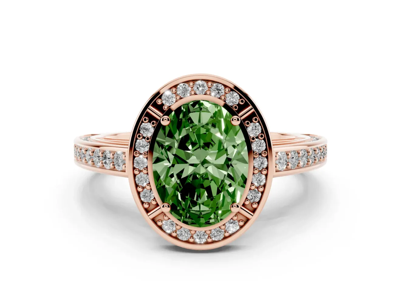 Fancy Green Oval Cut Diamond Halo Pavé Split Shank Ring Set in Rose gold with Prong Setting