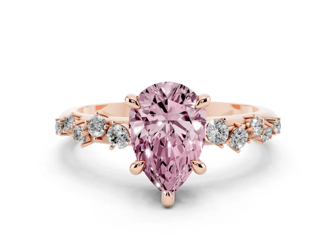 Fancy Pink Pear Cut Diamond Solitaire Vine Band Ring Set in Rose gold with Round Accents and Prong Setting