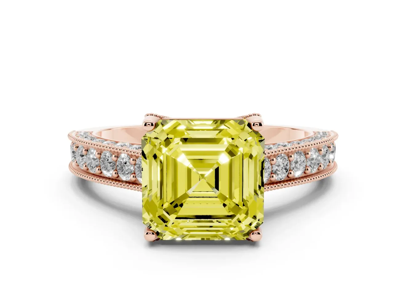 Asscher Cut Hidden Halo Engagement Ring Setting for a Fancy Yellow Lab-Grown Diamond | Milgrain Pave | Rose Gold