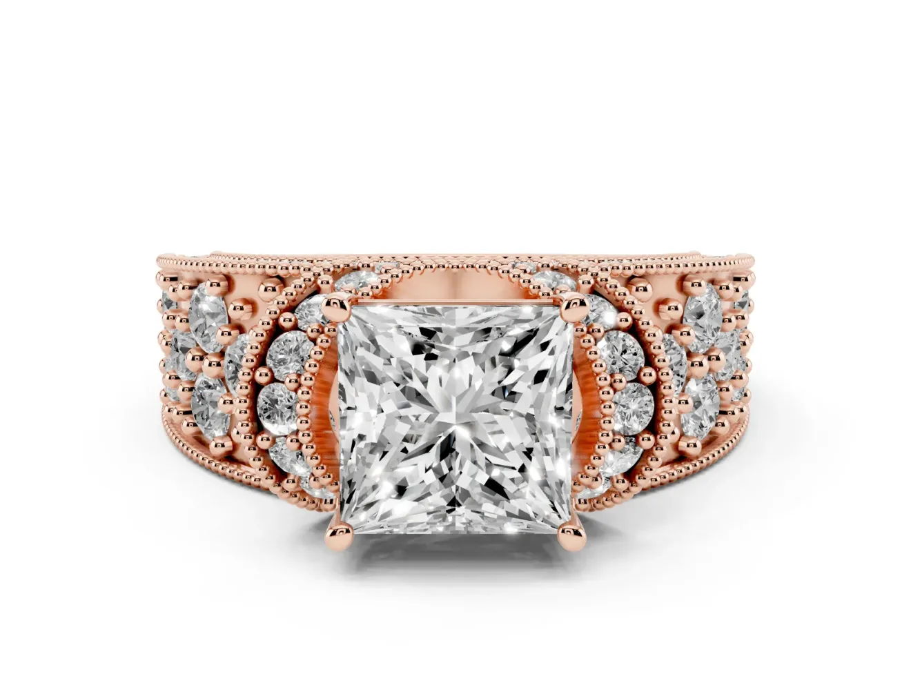 Princess Cut Vintage Milgrain Pave Engagement Ring Setting | Crescent Side Rows | Rose Gold