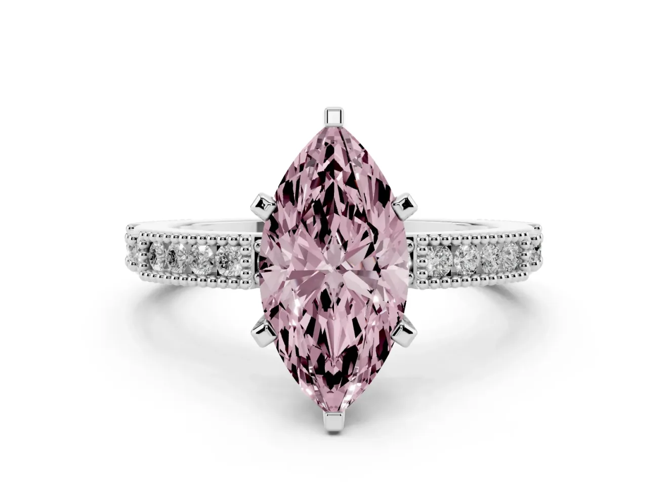 Fancy Pink Marquise Cut Diamond Solitaire Ring Set in Silver with Slim Pavé Band and Prong Setting
