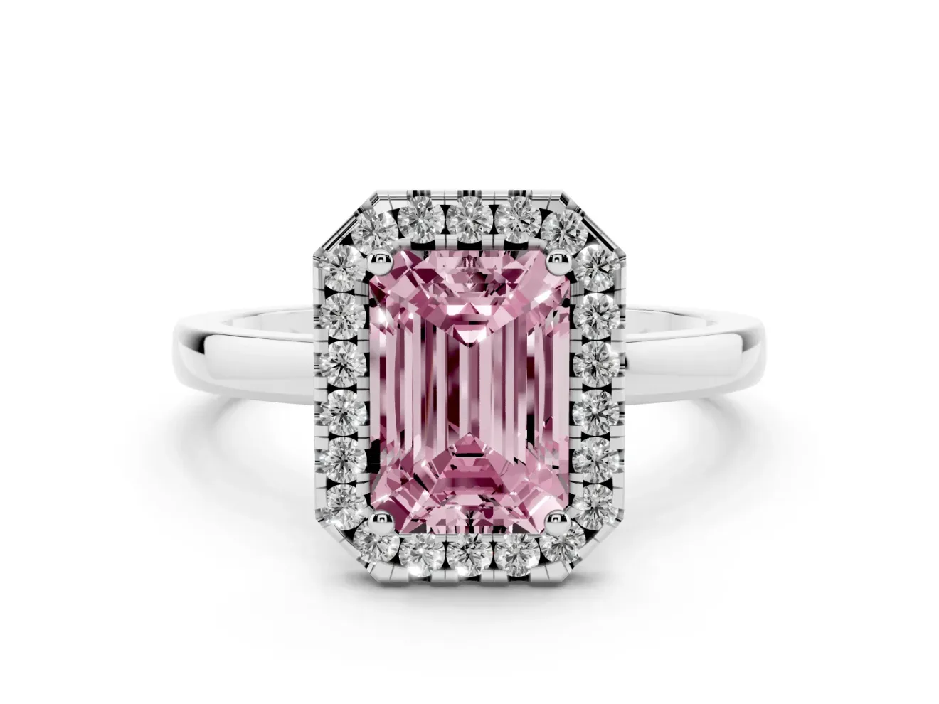 Fancy Pink Emerald Cut Diamond Halo Solitaire Ring Set in White gold with Pavé Band and Prong Setting