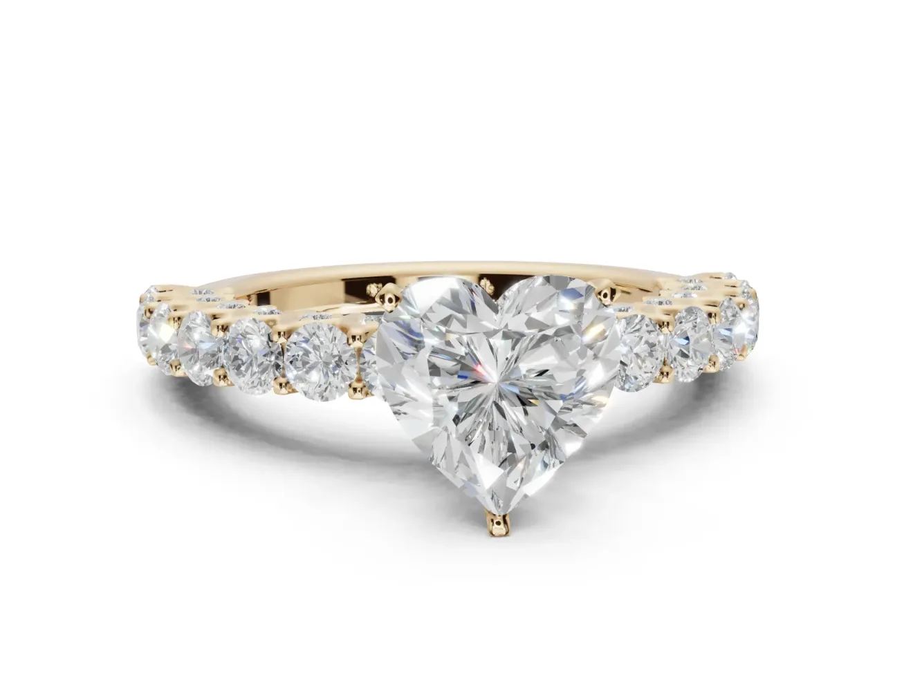 Heart-Shaped Shared Prong Engagement Ring Setting | Two-Row Band | Yellow Gold