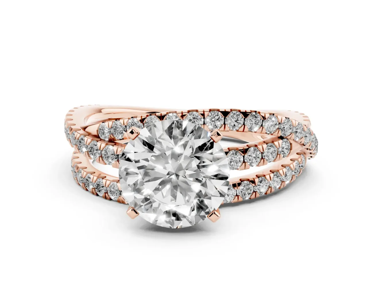 Round Cut Diamond Solitaire Twist Band Ring Set in Rose gold with Pavé Setting and Prong Head