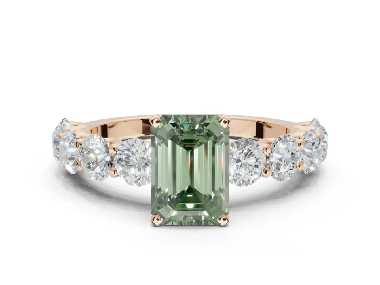 Emerald Cut Side Stone Engagement Ring Setting for a Fancy Green Lab-Grown Diamond | Scalloped Prong Accents | Rose Gold