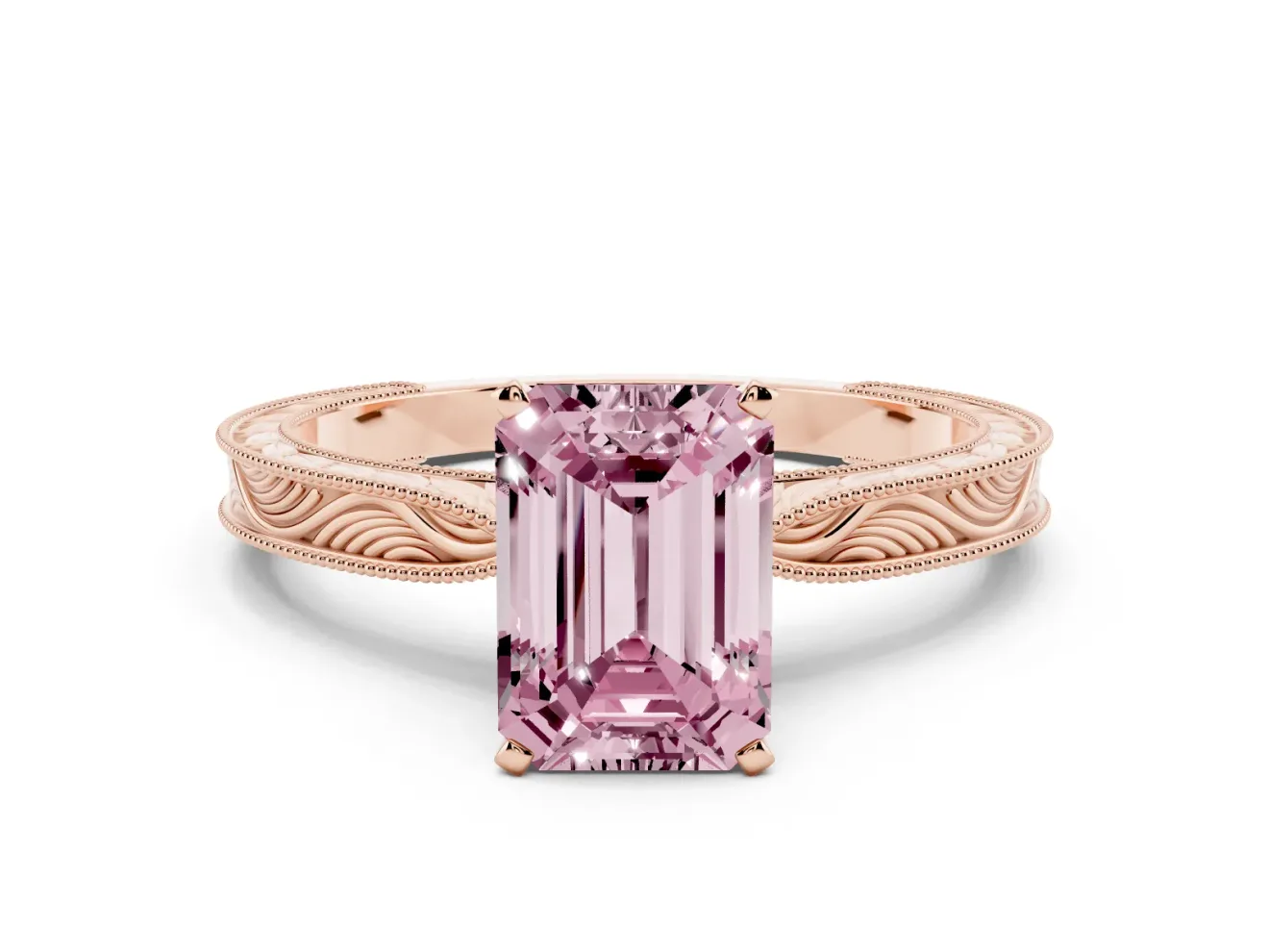 Fancy Pink Emerald Cut Diamond Solitaire Milgrain Engraved Band Set in Rose gold with Prong Setting