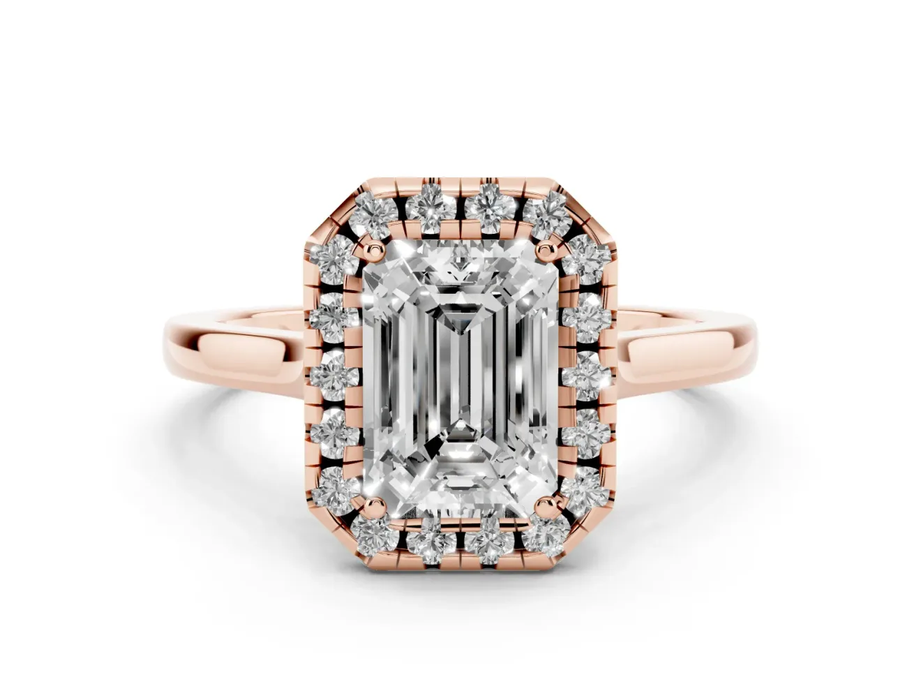 Emerald Cut Halo Round Diamond Solitaire Ring Set in Rose gold with Pavé Band and Prong Setting