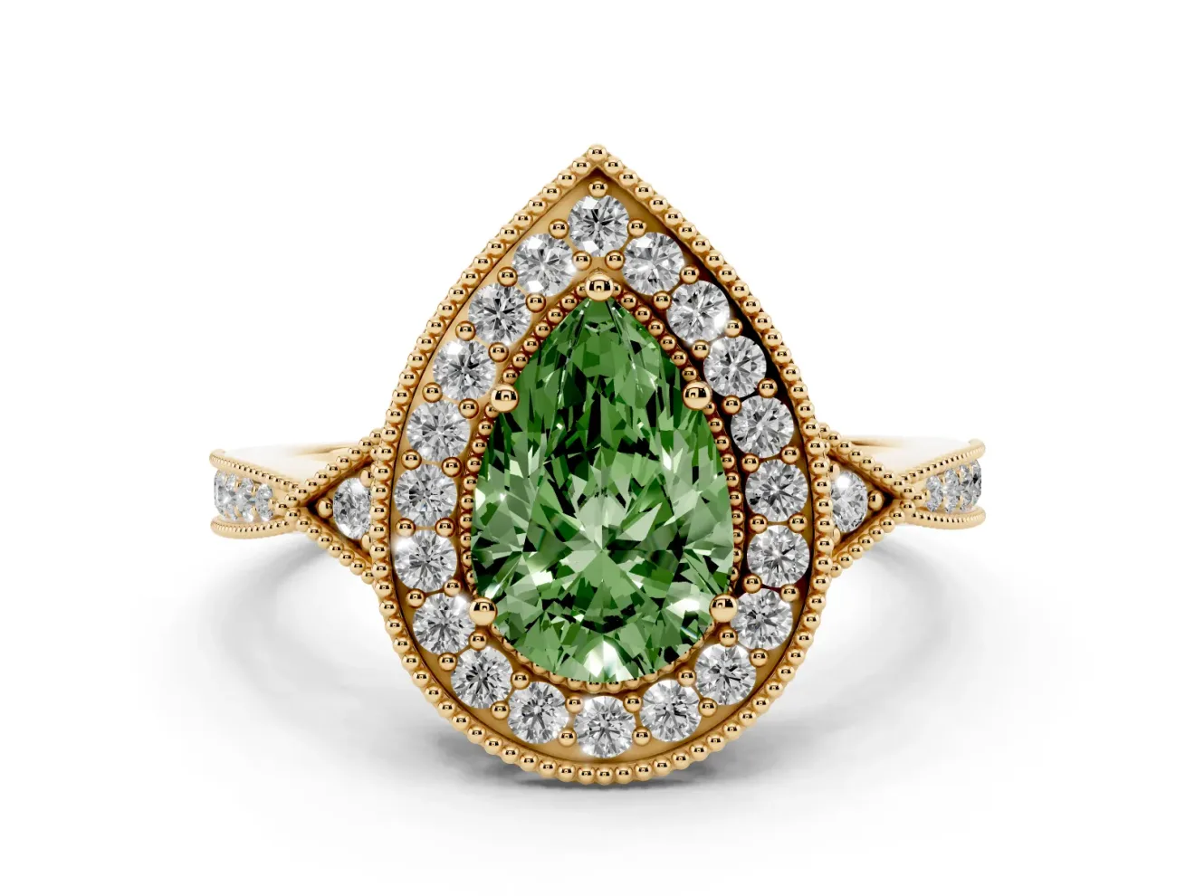 Fancy Green Pear Cut Diamond Halo Engagement Ring Set in Yellow gold with Milgrain Pavé Band