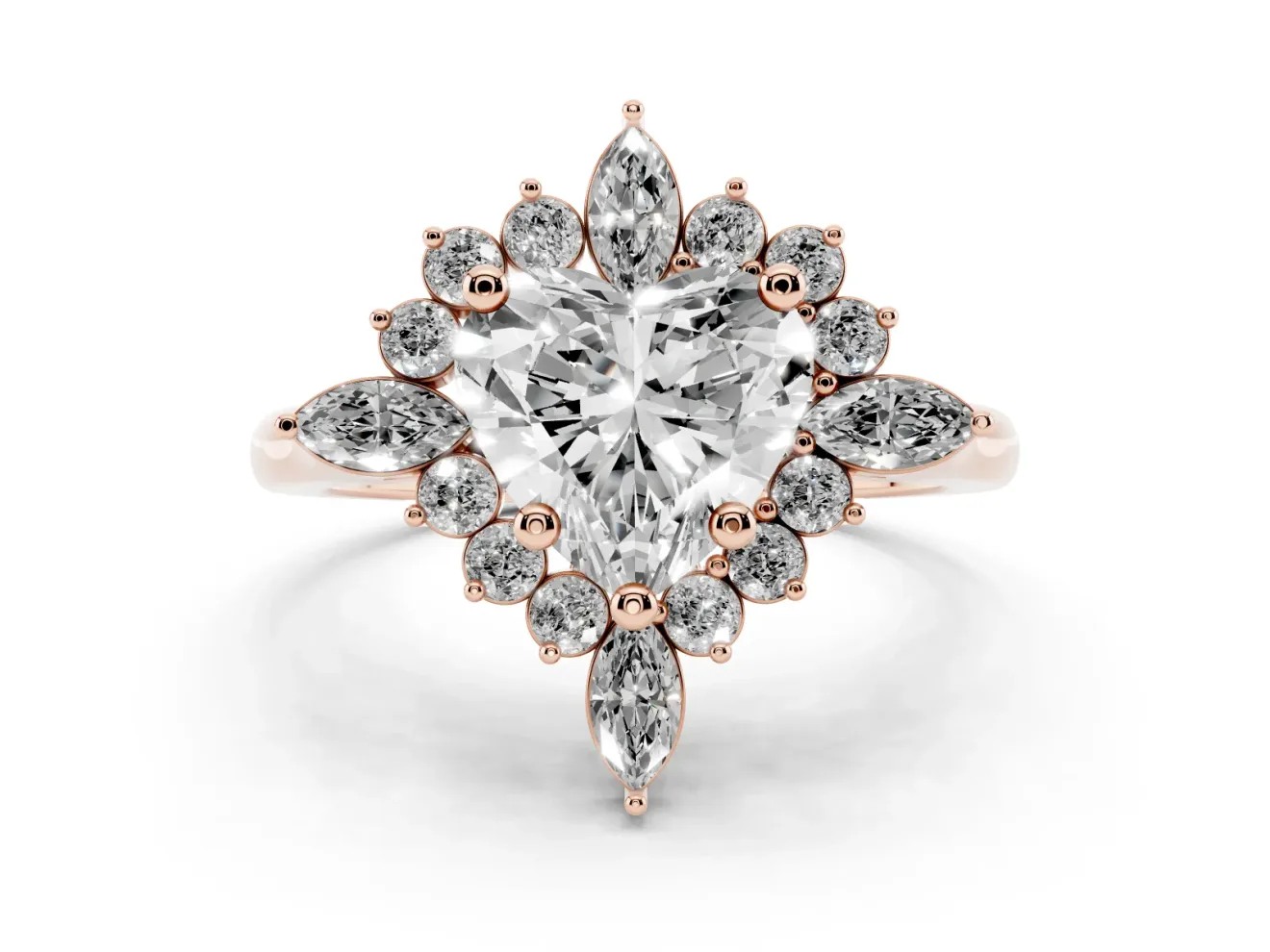 Heart Cut Diamond Cluster Halo Ring Set in Rose gold with Marquise and Round Accents