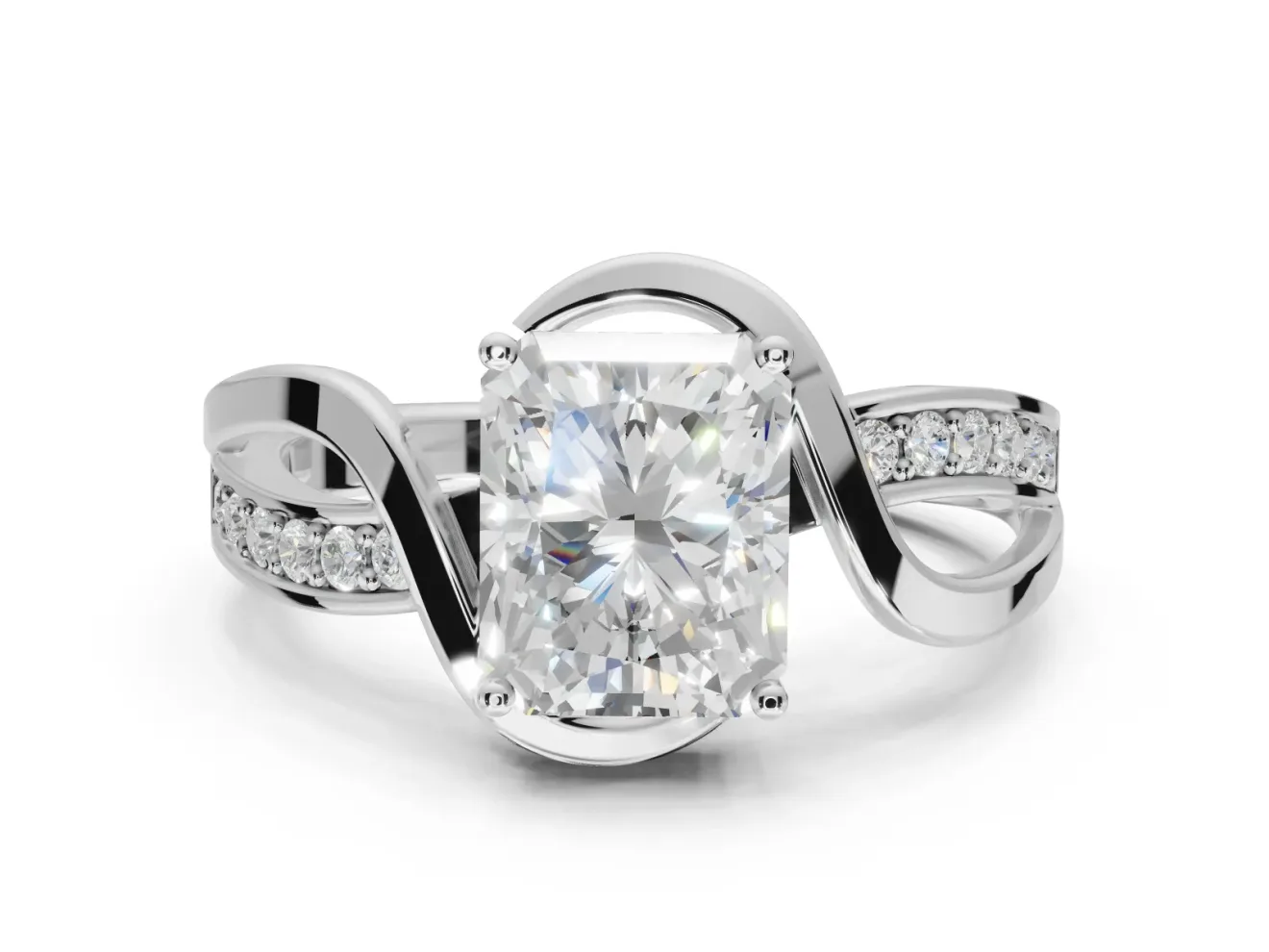 Radiant Cut Bypass Solitaire Engagement Ring Setting | Pavé and Plain Strands | Platinum