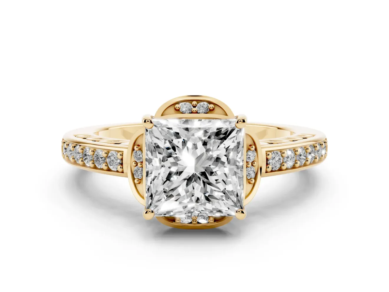 Princess Cut Floral Pavé Engagement Ring Setting | Petal Accents | Yellow Gold