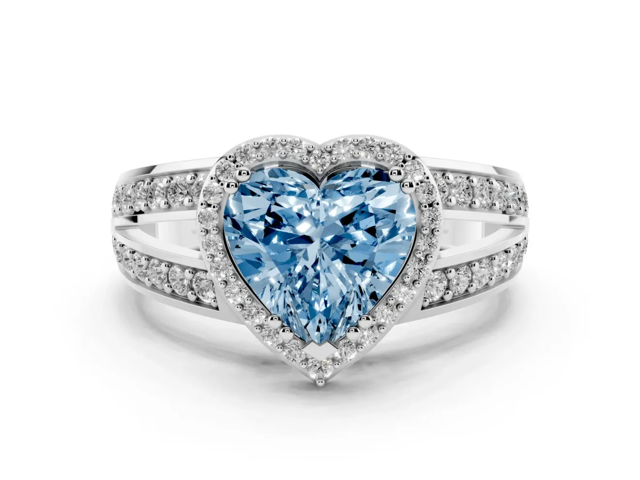 Heart-Shaped Halo Engagement Ring Setting for a Fancy Blue Lab-Grown Diamond | Pave Split Shank | Sterling Silver