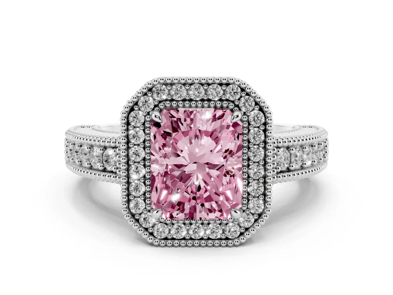 Fancy Pink Radiant Cut Diamond Halo Ring Set in White gold with Round Accent Halo, Pavé Band and Prong Setting