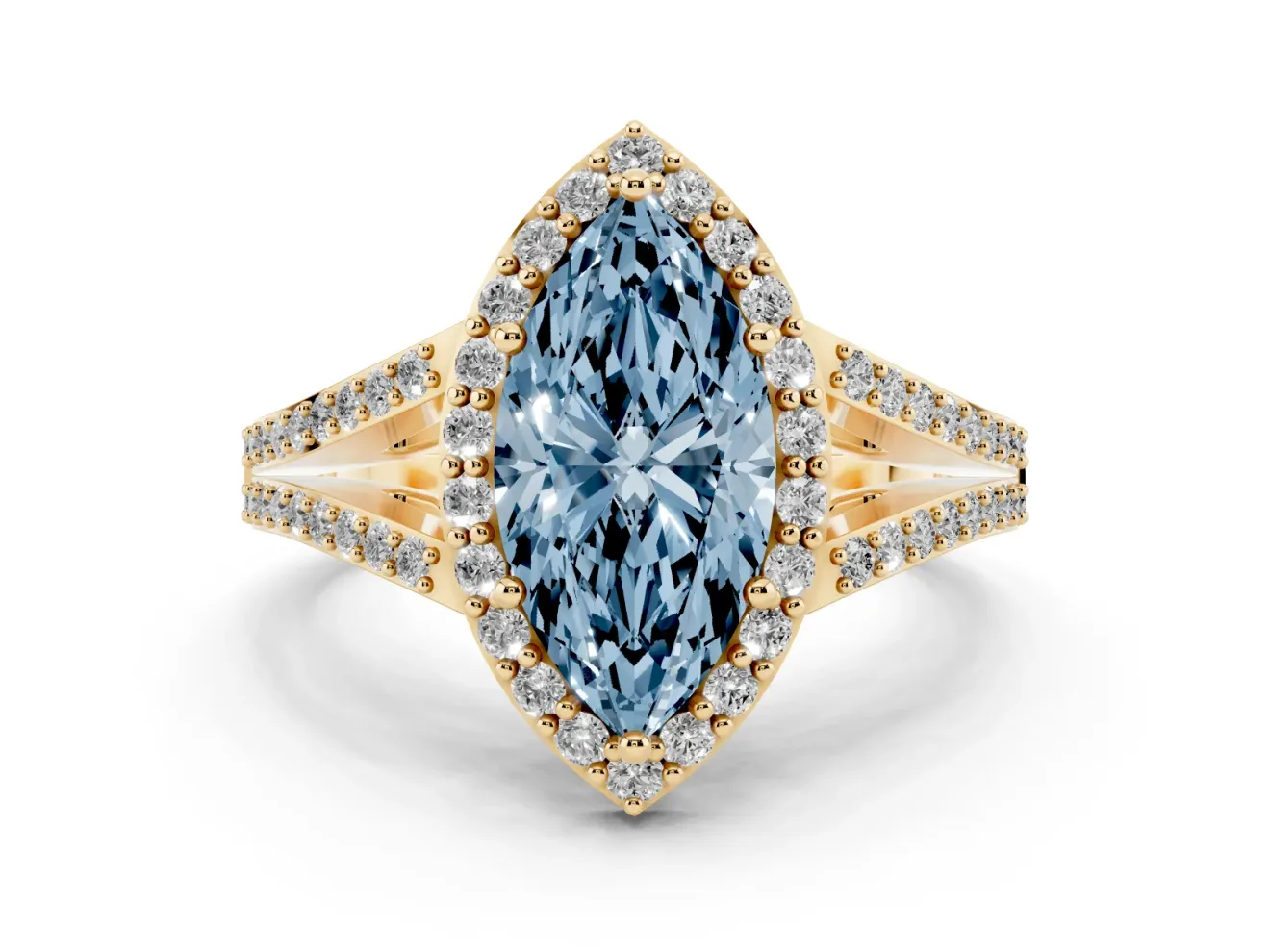 Marquise Split Shank Halo Engagement Ring Setting for a Fancy Blue Lab-Grown Diamond | Yellow Gold