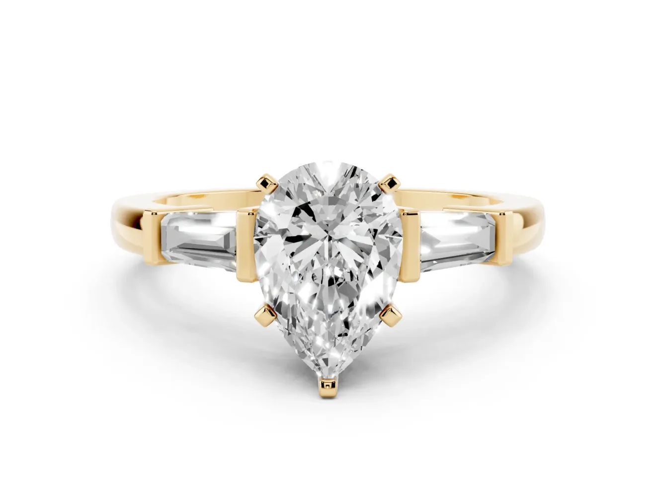 Pear-Shaped Three-Stone Engagement Ring Setting | Tapered Baguettes | Yellow Gold