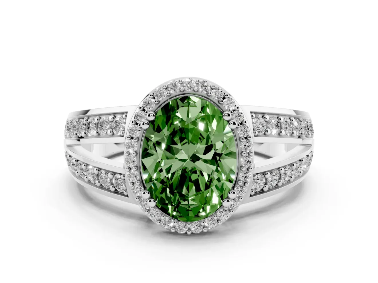Oval Halo Engagement Ring Setting for a Fancy Green Lab-Grown Diamond | Split Shank | Platinum