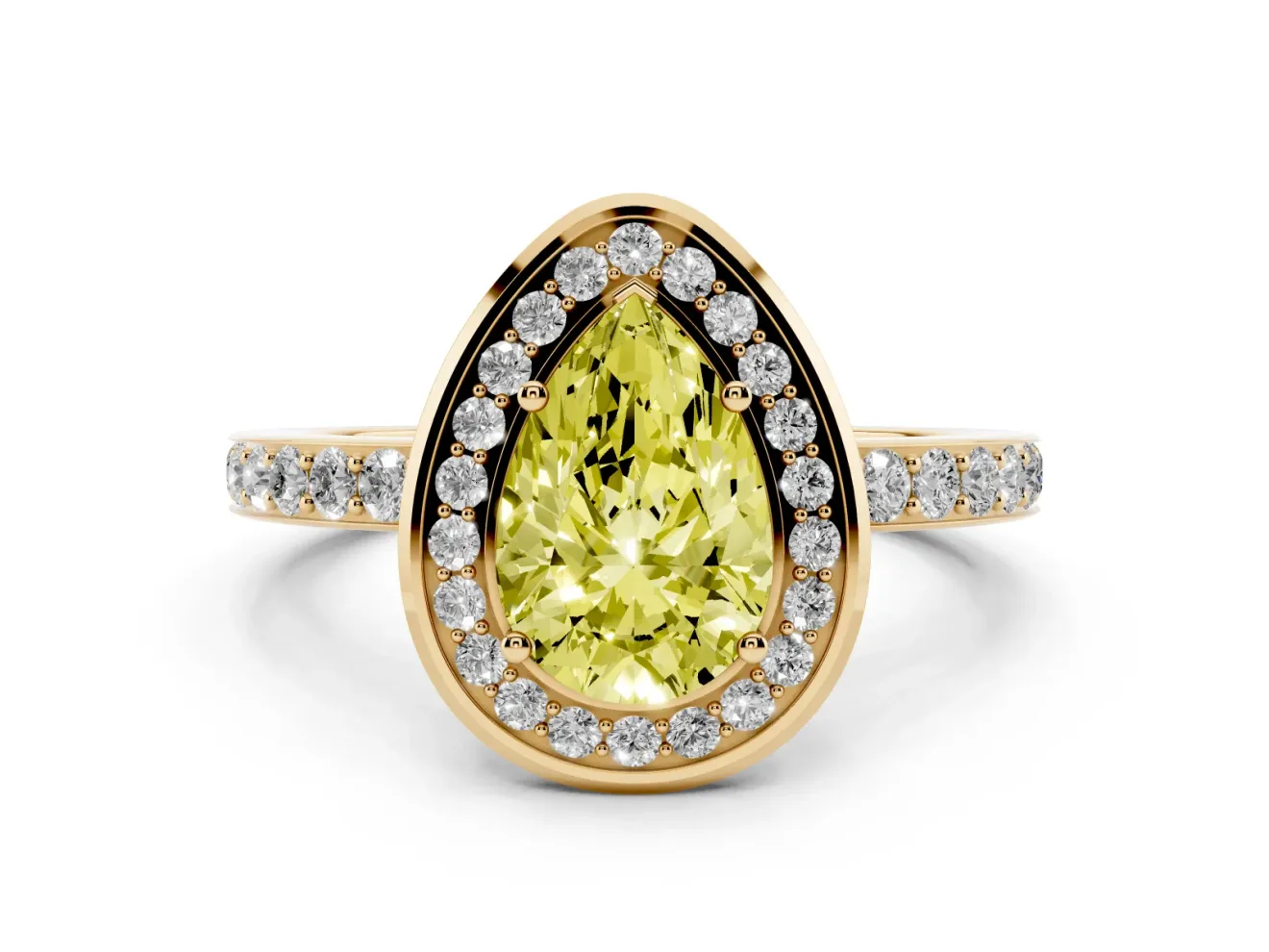 Fancy Yellow Pear Cut Diamond Halo Ring Set in Yellow gold with Bezel Frame and Pavé Band