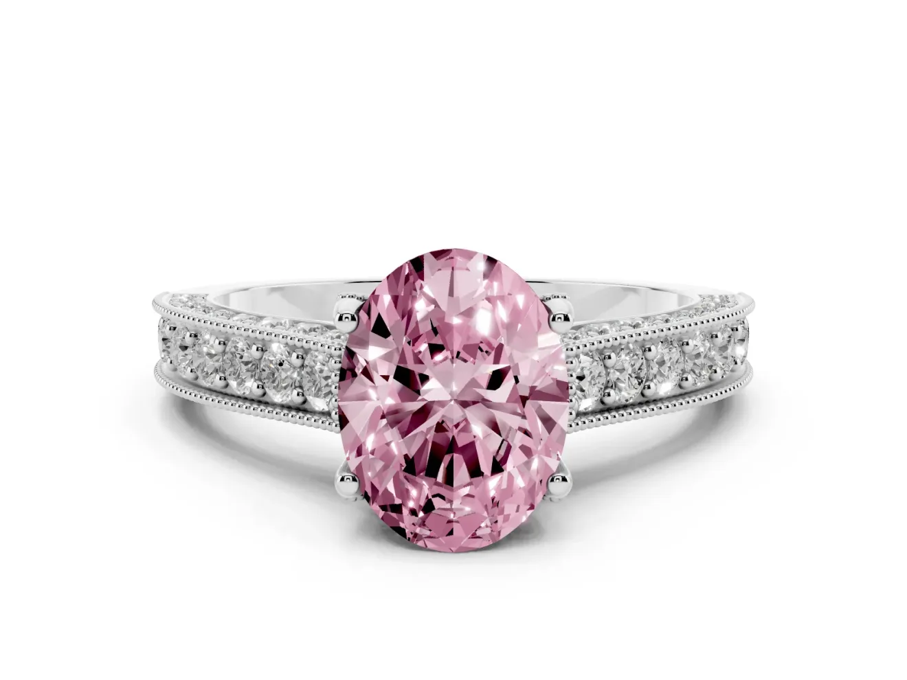 Oval Vintage Hidden Halo Engagement Ring Setting for a Fancy Pink Lab-Grown Diamond | Milgrain Pave Band | Platinum