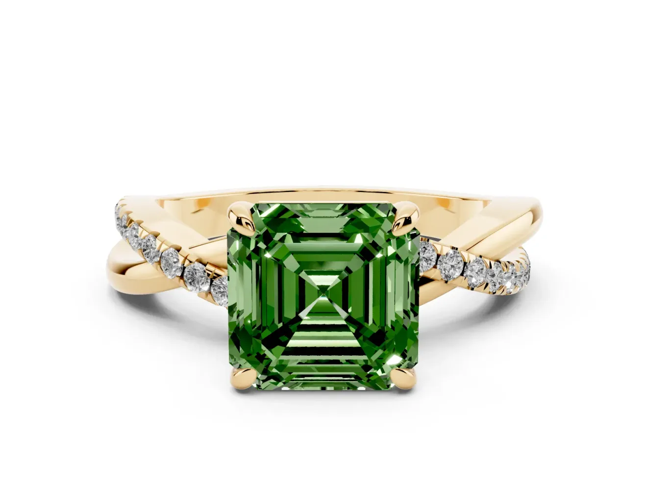 Fancy Green Asscher Cut Diamond Twist Band Solitaire Set in Yellow gold with Pavé Accents and Prong Setting