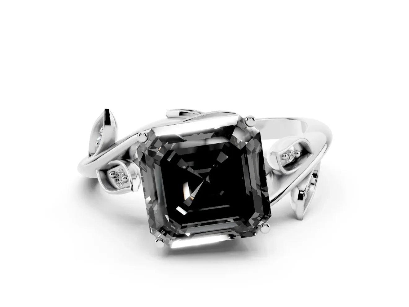 Asscher Cut Twisted Bypass Engagement Ring Setting for a Black Center | Leaf Vine | Sterling Silver