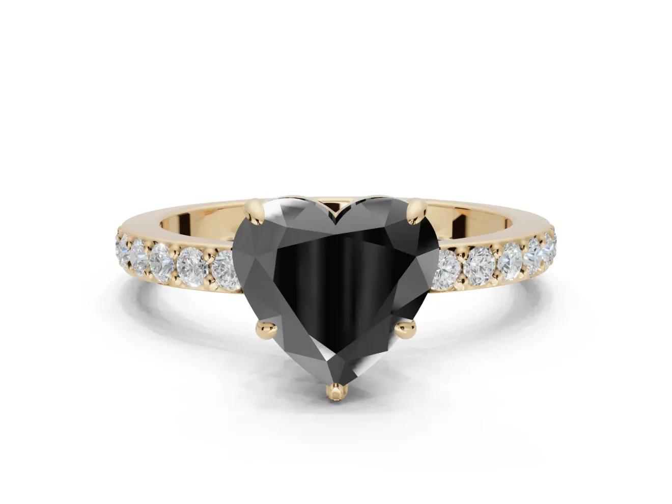 Heart-Shaped Hidden Halo Engagement Ring Setting for a Black Center | Pavé Band | Yellow Gold