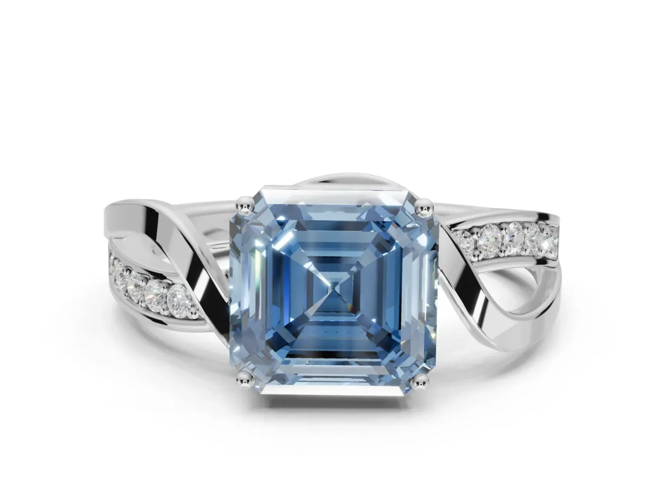 Asscher Cut Bypass Solitaire Engagement Ring Setting for a Fancy Blue Lab-Grown Diamond | Pavé Strands | Platinum