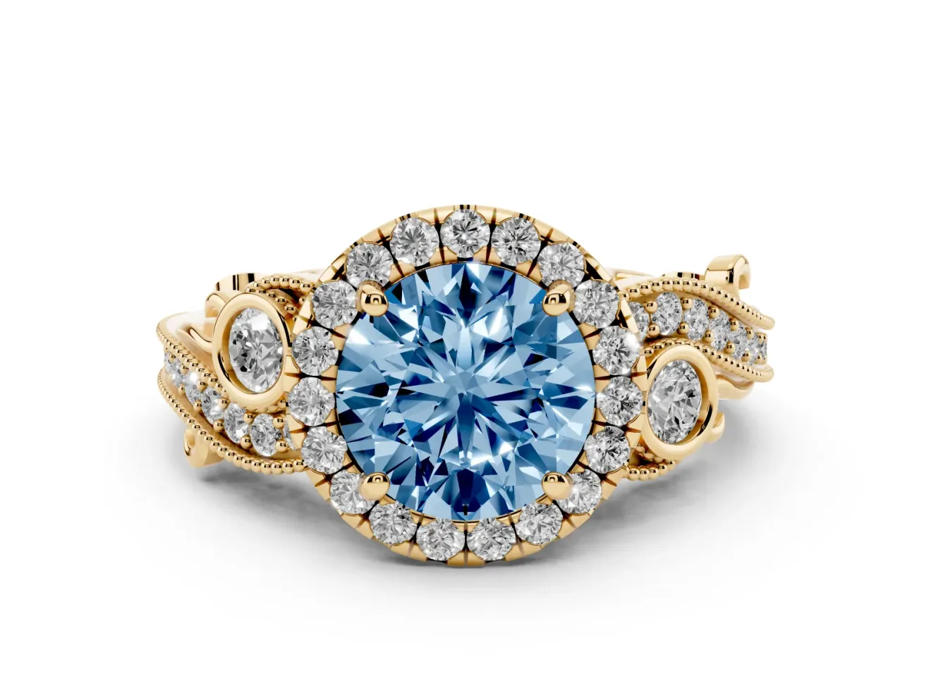 Fancy Blue Round Cut Diamond Halo Ring Set in Yellow gold with Milgrain Pavé Band and Prong Setting