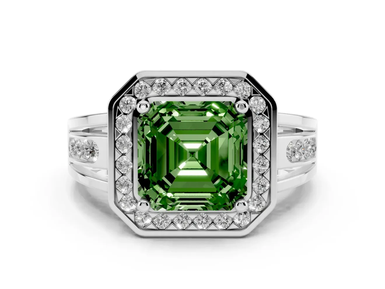 Asscher Cut Halo Engagement Ring Setting for a Fancy Green Lab-Grown Diamond | Channel-Set Split Shank | Platinum