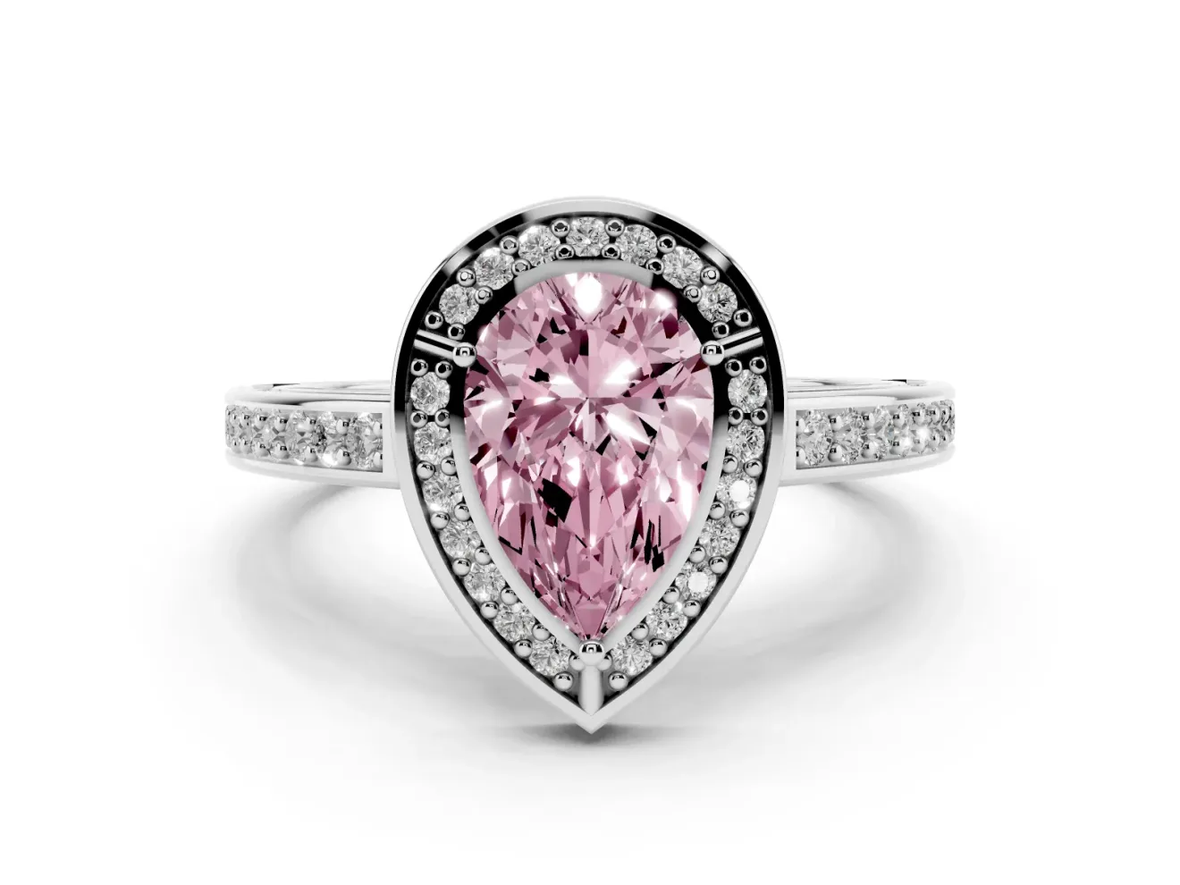 Fancy Pink Pear Cut Diamond Halo Pavé Split Shank Ring Set in Silver with Prong Setting