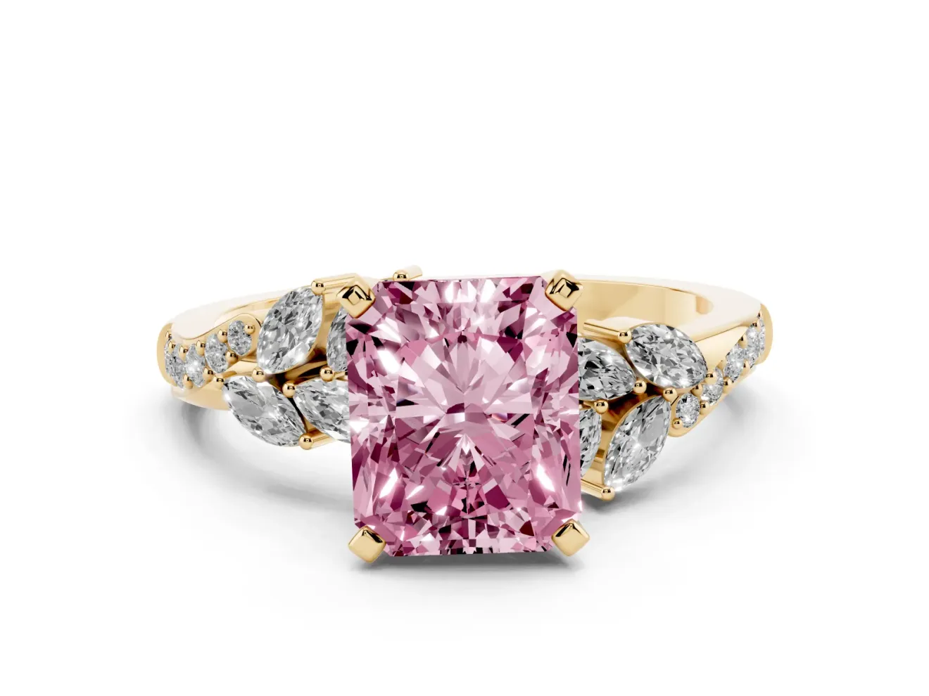 Radiant Cut Floral Engagement Ring Setting for a Fancy Pink Lab-Grown Diamond | Marquise Side Stones | Yellow Gold