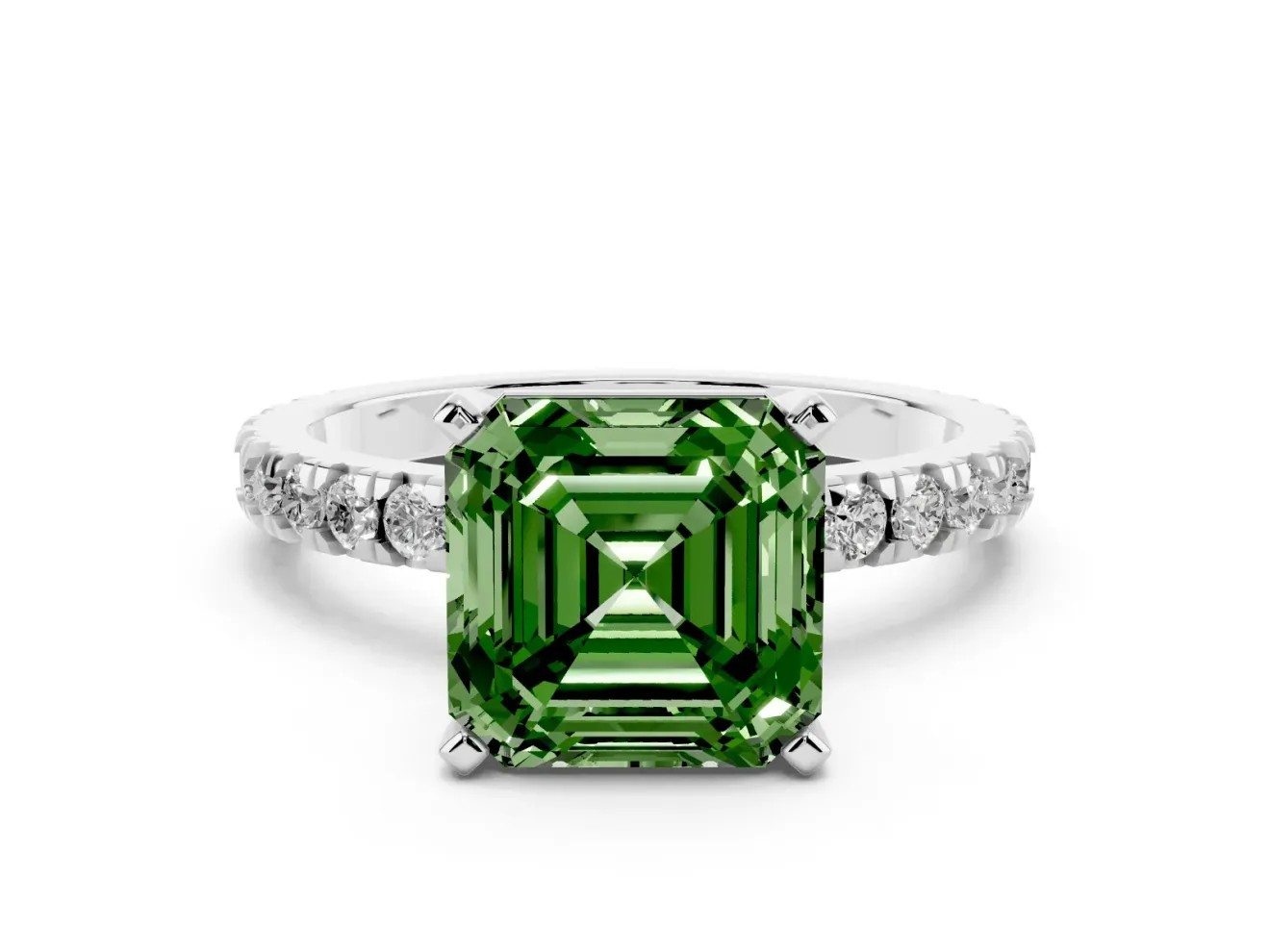 Fancy Green Asscher Cut Diamond Pavé Band Solitaire Set in Platinum with Prong Setting