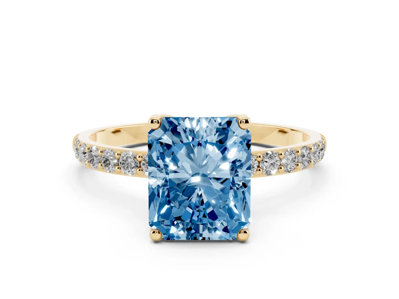 Radiant Cut Pave Solitaire Engagement Ring Setting for a Fancy Blue Lab-Grown Diamond | Slim Band | Yellow Gold