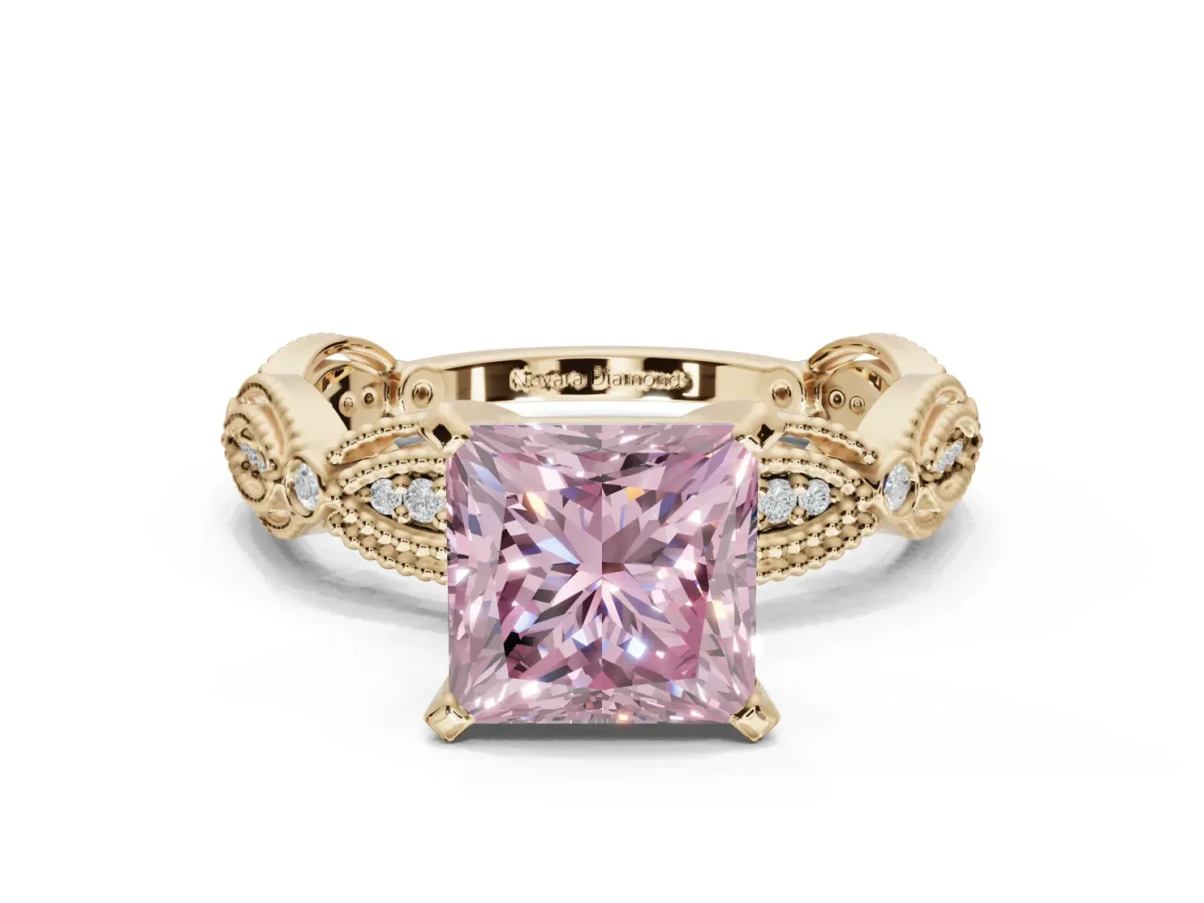 Princess Cut Vintage Engagement Ring Setting for a Fancy Pink Lab-Grown Diamond | Graduated Stations | Yellow Gold