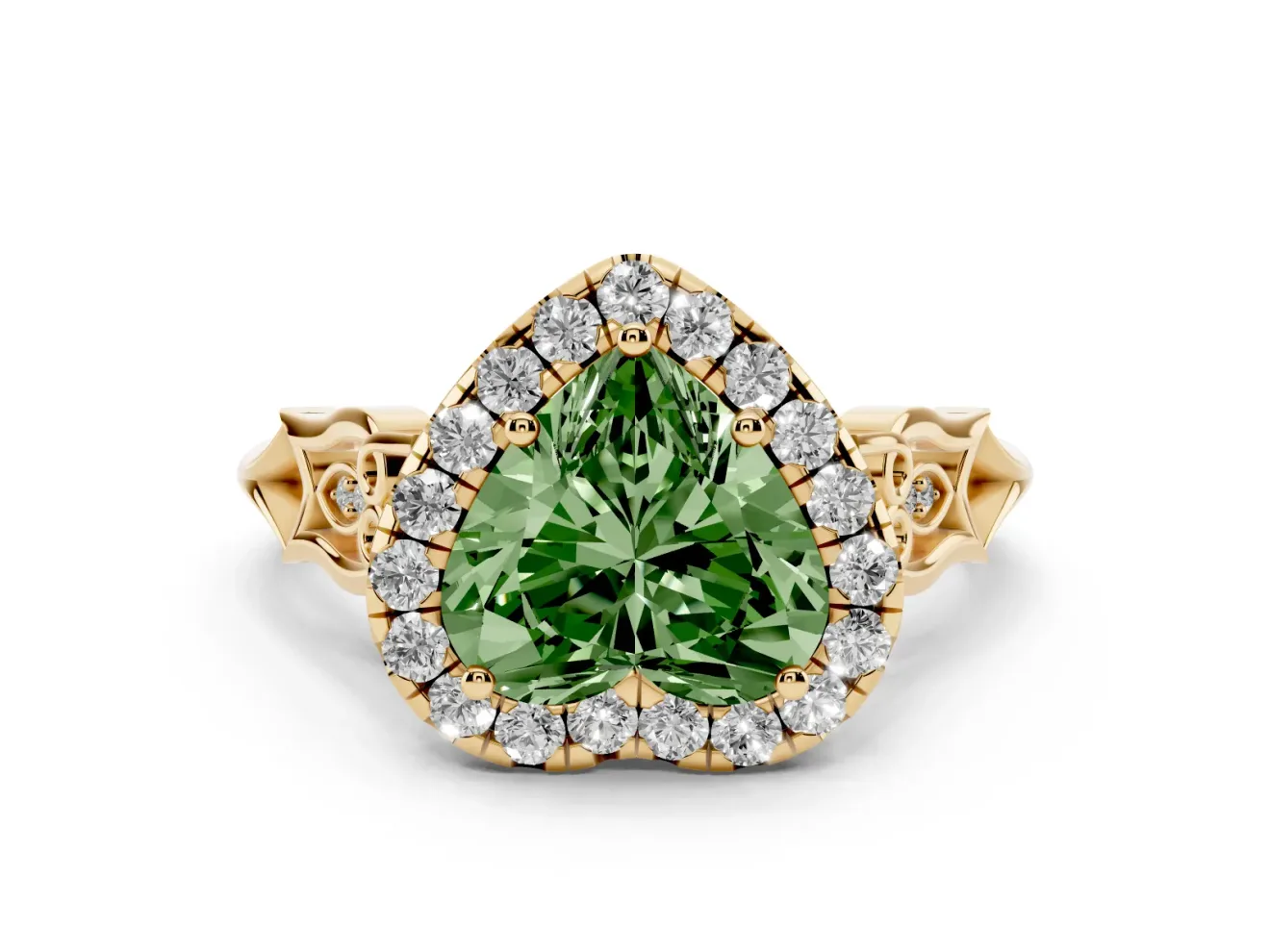 Fancy Green Heart Cut Diamond Halo Engagement Ring Set in Yellow gold with Filigree Band and Prong-Set Center