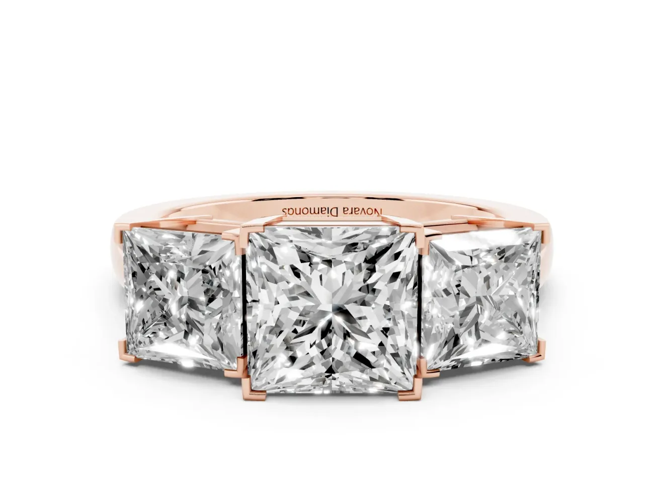 Princess Cut Three Stone Engagement Ring Setting | Large Side Stones | Rose Gold