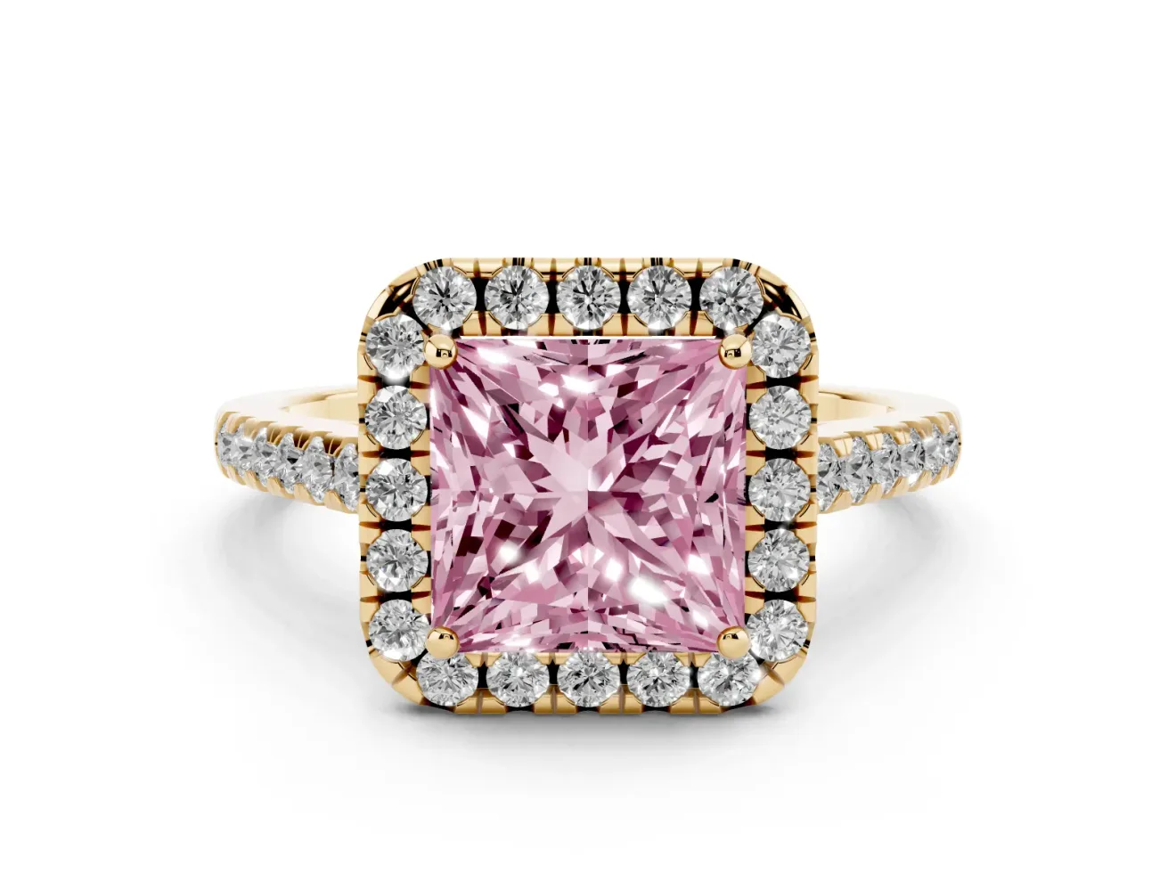 Princess Cut Halo Engagement Ring Setting for a Fancy Pink Lab-Grown Diamond | Pave Shoulders | Yellow Gold