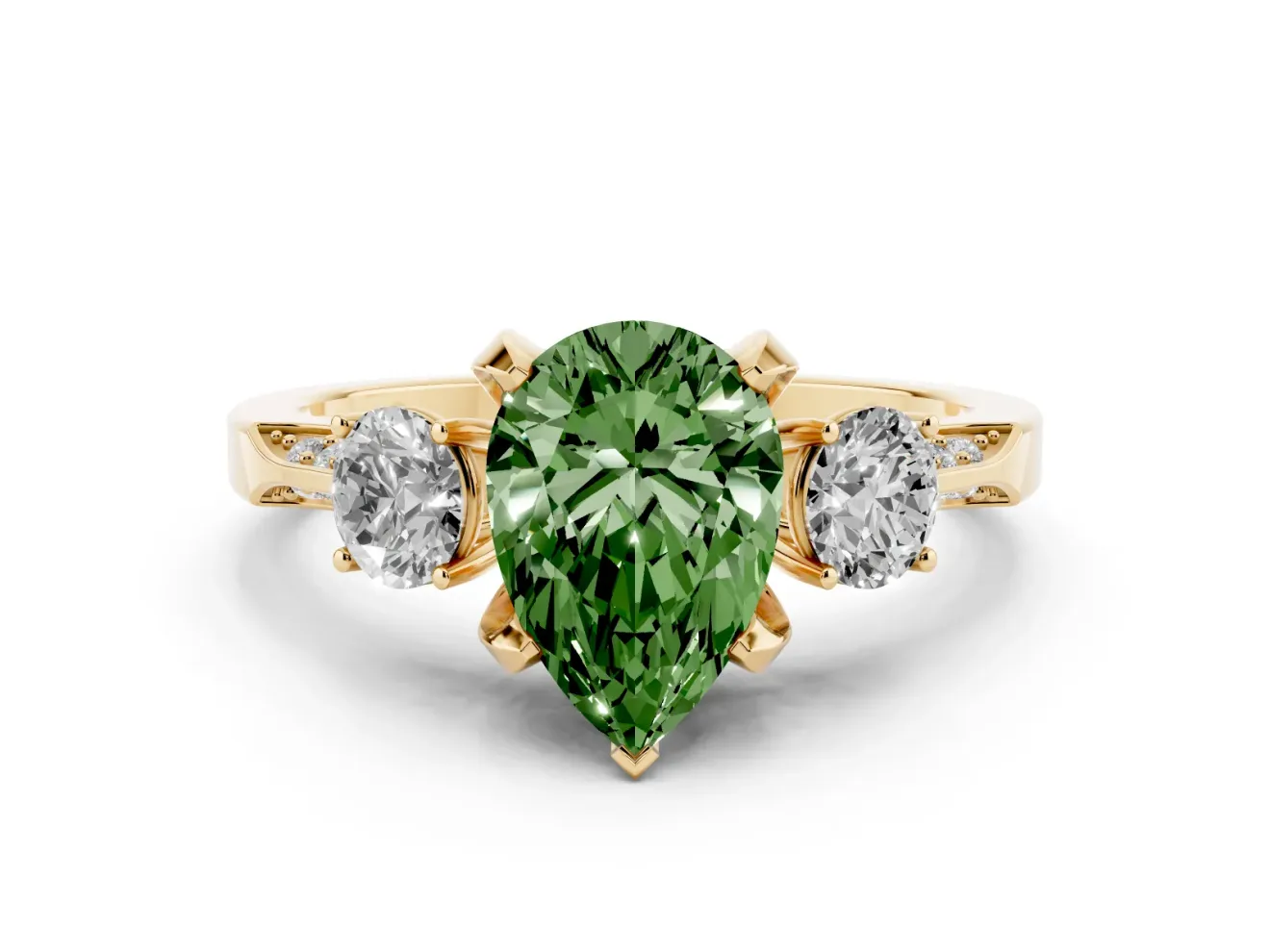 Pear-Shaped Hidden Halo Three Stone Engagement Ring Setting for a Fancy Green Lab-Grown Diamond | Yellow Gold