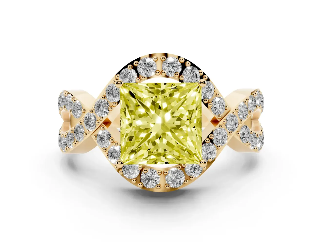Fancy Yellow Princess Cut Diamond Solitaire Twist Band Pavé Engagement Ring Set in Yellow gold