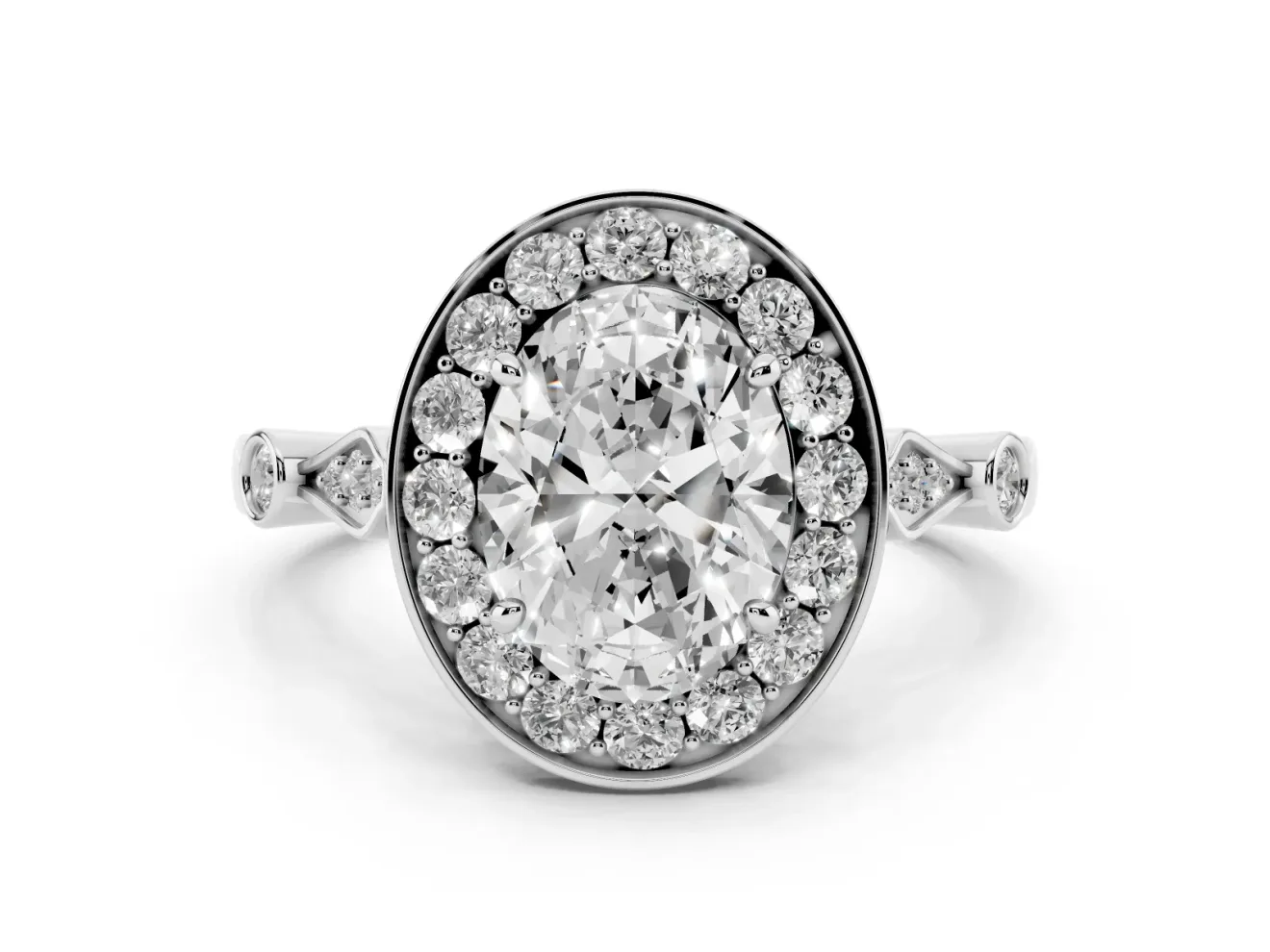 Oval Vintage Halo Engagement Ring Setting | Bezel Station Shoulders | Sterling Silver