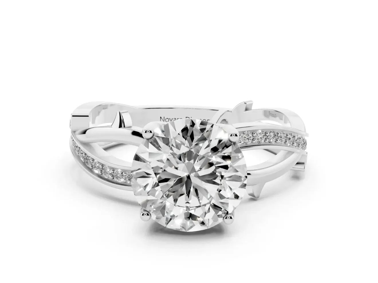 Round Cut Diamond Pavé Twist Band Solitaire Ring Set in Platinum with Prong Setting