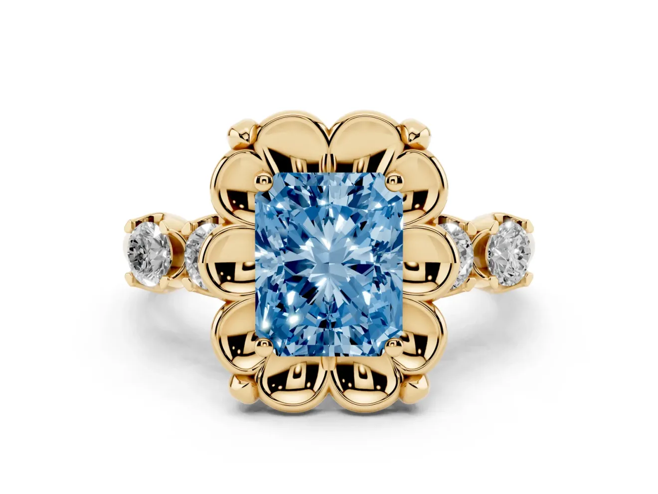 Radiant Cut Floral Engagement Ring Setting for a Fancy Blue Lab-Grown Diamond | Petal Frame | Yellow Gold
