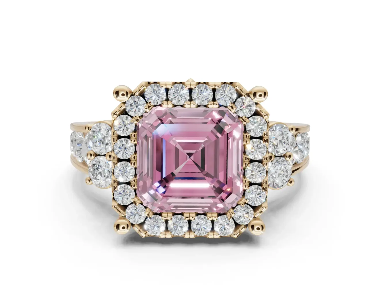 Asscher Cut Halo Engagement Ring Setting for a Fancy Pink Lab-Grown Diamond | Graduated Channel Band | Yellow Gold