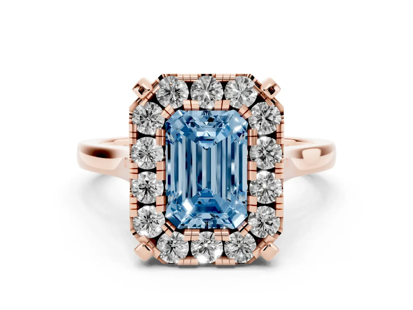 Emerald Cut Claw Corner Halo Engagement Ring Setting for a Fancy Blue Lab-Grown Diamond | Slim Plain Band | Rose Gold