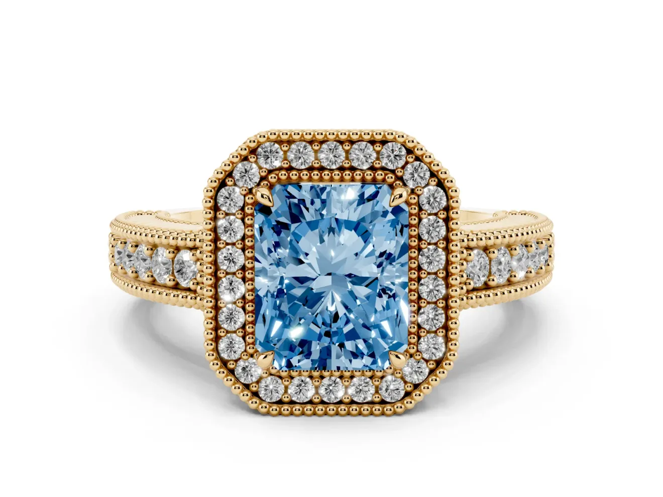Fancy Blue Radiant Cut Diamond Halo Ring Set in Yellow gold with Round Accent Halo, Pavé Band and Prong Setting