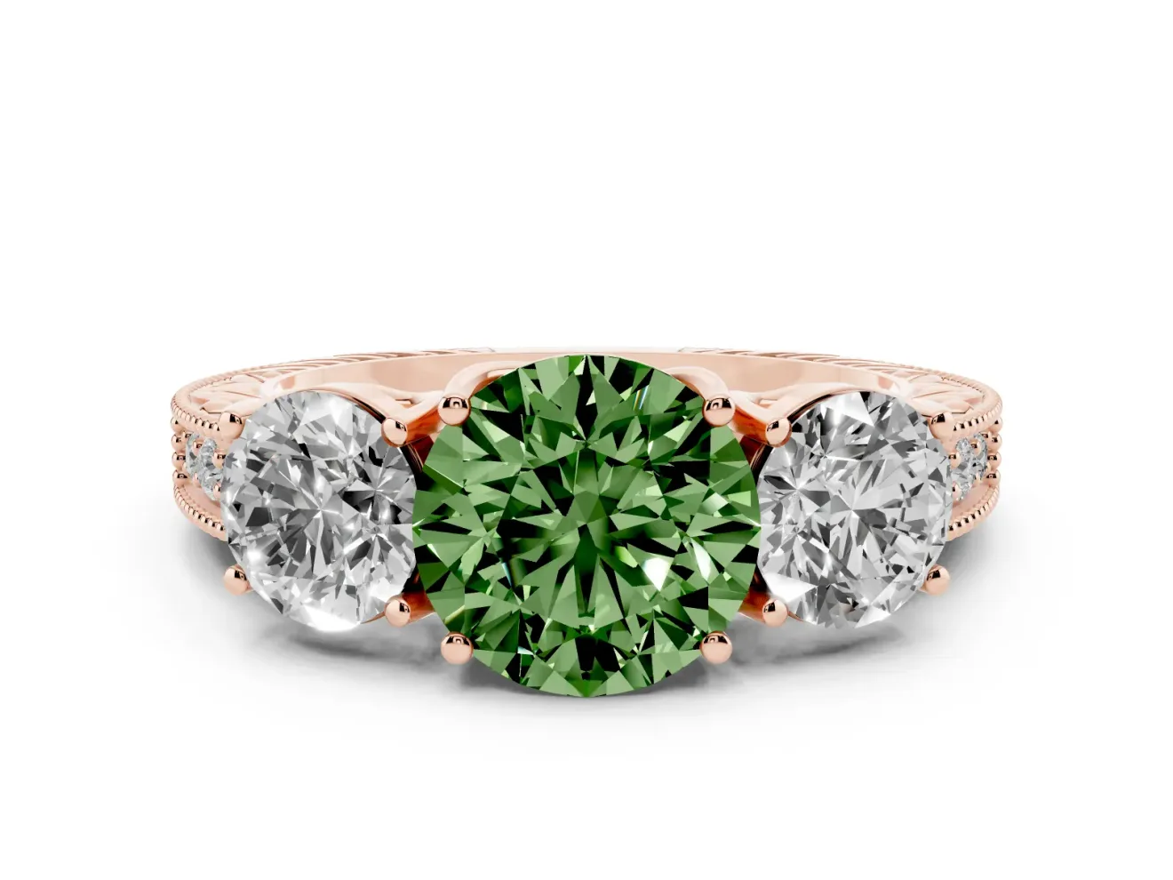 Round Vintage Three Stone Engagement Ring Setting for a Fancy Green Lab-Grown Diamond | Rose Gold